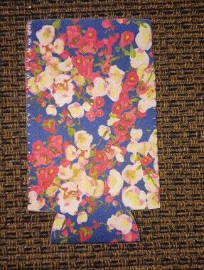 Blue Floral Can Cooler with Pink & White Blossoms
